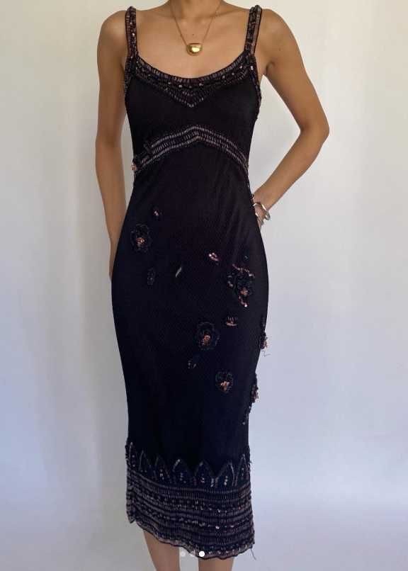 Vintage Karen Millen Beaded Stretch Mesh Cocktail Dress – 90s / Y2K Black Midi,
