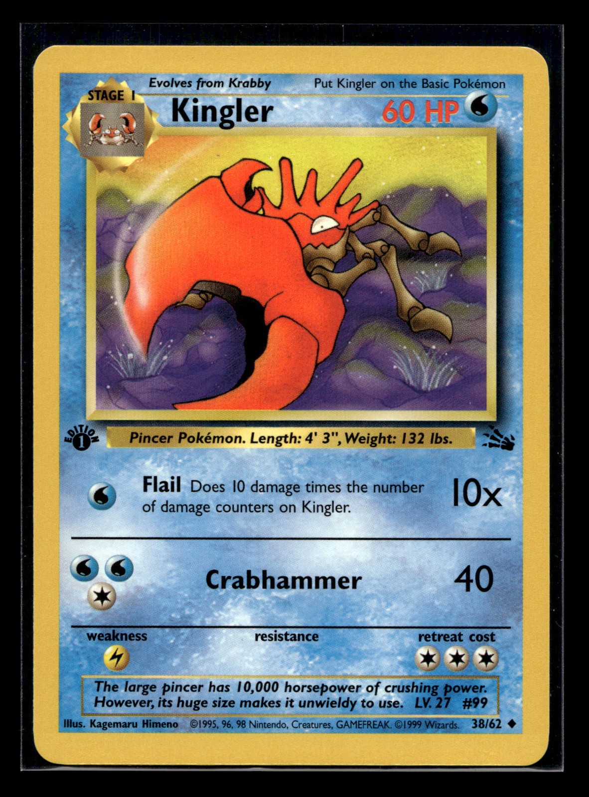 1st Edition Kingler Uncommon Fossil 38/62 NM