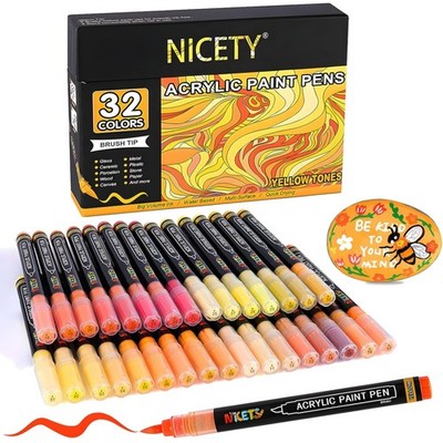 32 Acrylic Pens for Stones Waterproof - Brush Tip Acrylic Marker for Wood, Fa...