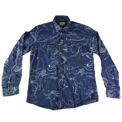 Lee Cooper Mens M Button Up Denim Long Sleeve Shirt Indigo Wave Design Blue
