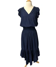 Ramy Brook Yassi Dress Navy Blue Short Sleeve V-Neck Elastic Waist Midi Size S