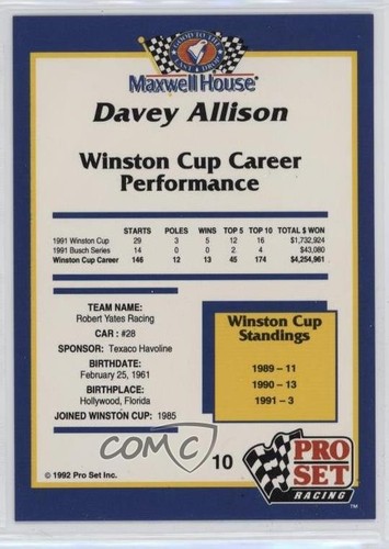 1992 Pro Set Maxwell House Racing Davey Allison #10 HOF - Picture 2 of 4