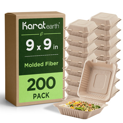 Karat Earth 9''x9'' Paper Hinged Containers, PFAS Free, Molded Fiber - 200 pcs