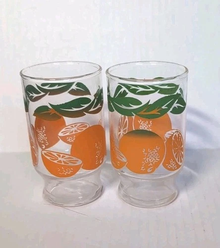 Vintage Anchor Hocking Orange Juice Footed Glasses 6oz Set of 2 Green Leaves EUC