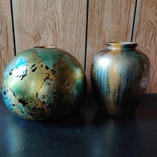 Pair of Unique Matching Asymmetrical Gold and Turquoise Pottery Vases 
