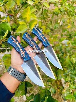 Hand Forged Carbon Steel Full Tang Hunting Skinner Knife Pine Cone Handle 3 PCS