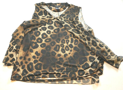 Liz McCoy Basic Blouse Top Womens Brown Leopard Sleeveless Crew Neck Size 3X