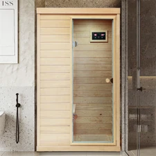 1050W Hemlock One Person Far Infrared Door on The Right of The Indoor Sauna Room