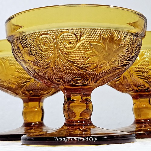 Indiana Glass Amber Tiara Low Sherbet Glasses Vtg Set of 3 Honey Cottagecore - Picture 5 of 11