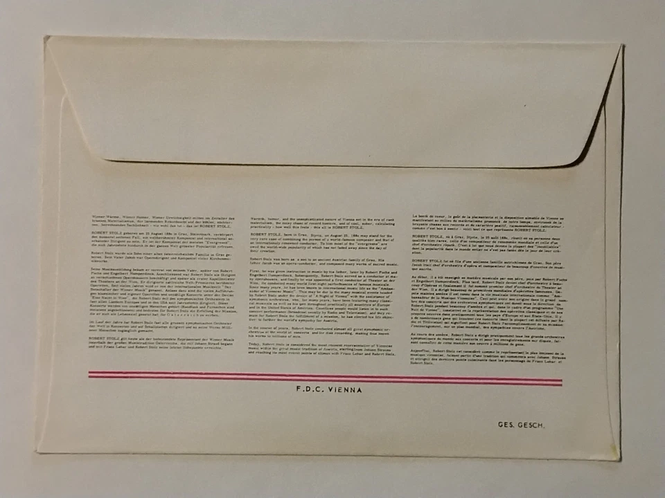 ROBERT STOLZ AUSTRIA FDC 1973 EHRENBURGER VON ST. WOLFGANG - Image 2 of 2