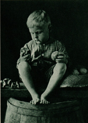 Antique 1917 Photo Child Apple of Discord Small Boy Pippin Barrel Young Print