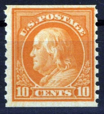US 497 MNH FVF 10c org yellow Franklin Rotary perf 10 coil ZAYIX 0424MAR0048
