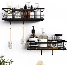 Rustproof Shower Shelf Rack Adhesive Shower Shelves & 4 Hooks Organizer 2 Pcs