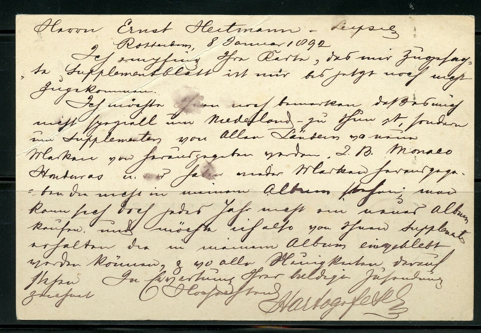 NETHERLANDS ROTTERDAM 1/8/1892 STATIONERY CARD TO LEIPZIG 1/9/1892 AS