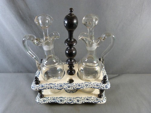 Superbe Serviteur Huilier et vinaigrier en porcelaine de GIEN, cristal fin 19ème - Picture 4 of 12