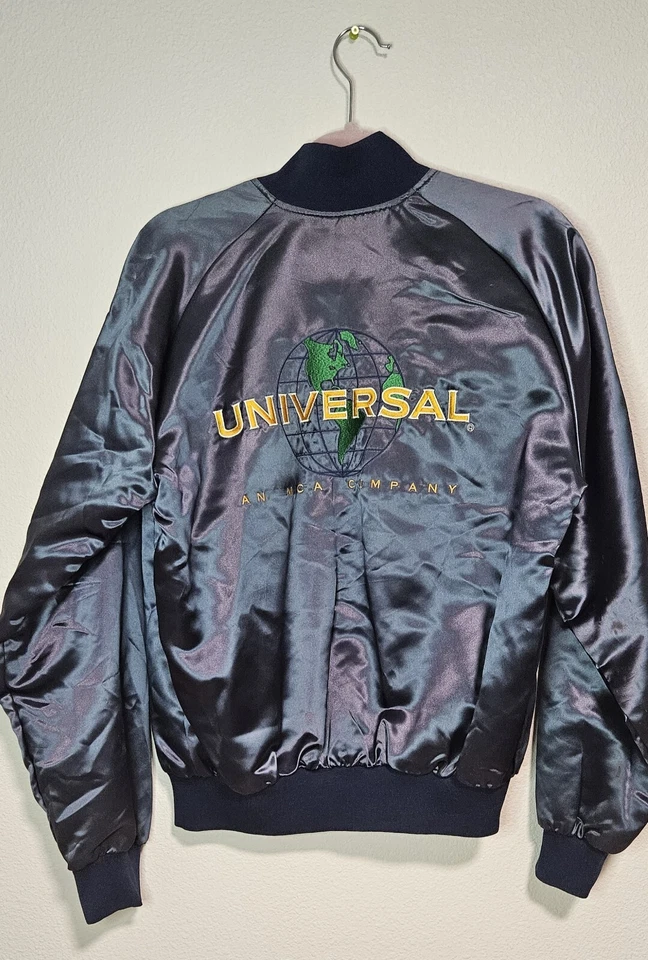 Vtg Mac Murray Embroidered Universal Studios Bomber Jacket NavyBlue Satin Large - Image 2 of 4