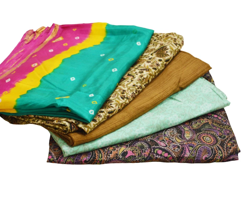 Vintage Lot Of 5 Sarees Recycled Used Felting Quilting Pure Silk Sari defects - Image 2 of 4
