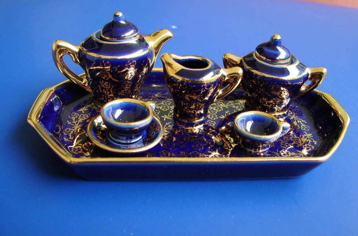 Vintage Cobalt Blue Mini Limoges Tea Set Made in France Miniature