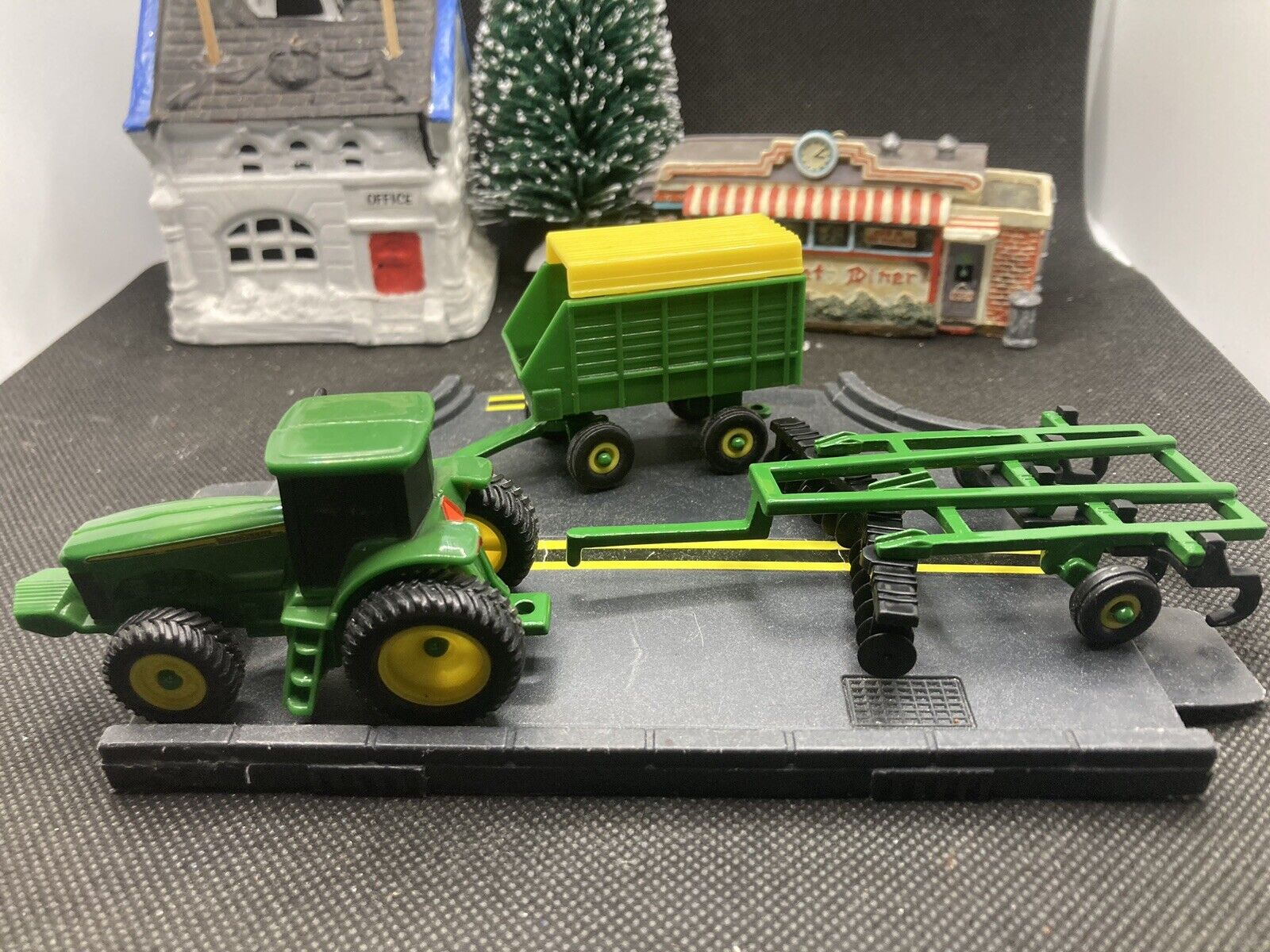 ERTL 3 Piece John Deere Diecast Farm Tractor +Plow+Grain Trailer