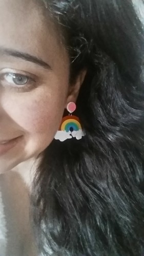 Large rainbow cloud glitter earrings white blue yellow red pink big statement - Picture 9 of 9