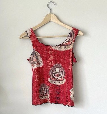 Vintage Y2K 90s Peace Love Buddha Asian Lettuce Hem Tank Top Grunge Hippie Sz S