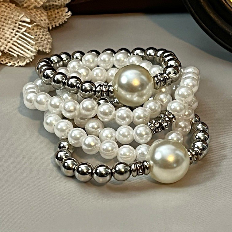 Set of 5 Faux Pearl & Silver-Tone Beaded Stretch Stackable Bracelets