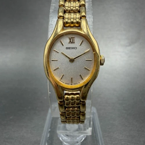 Seiko Watch Women 17mm Silver Dial Gold Ton Oval 2P20-6230 New Battery Vinatge