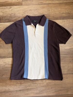Beams Plus Japan Men's Large Front Stripe Polo Brown Cream And Blue