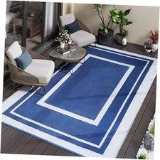  Outdoor Rug Waterproof Outdoor Plastic Straw Rug, 5x8 ft Grey & Navy
