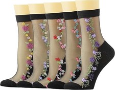 Womens Sheer Socks 5 Pairs Floral Cute Nylon See Through Mesh Transparent Soc...