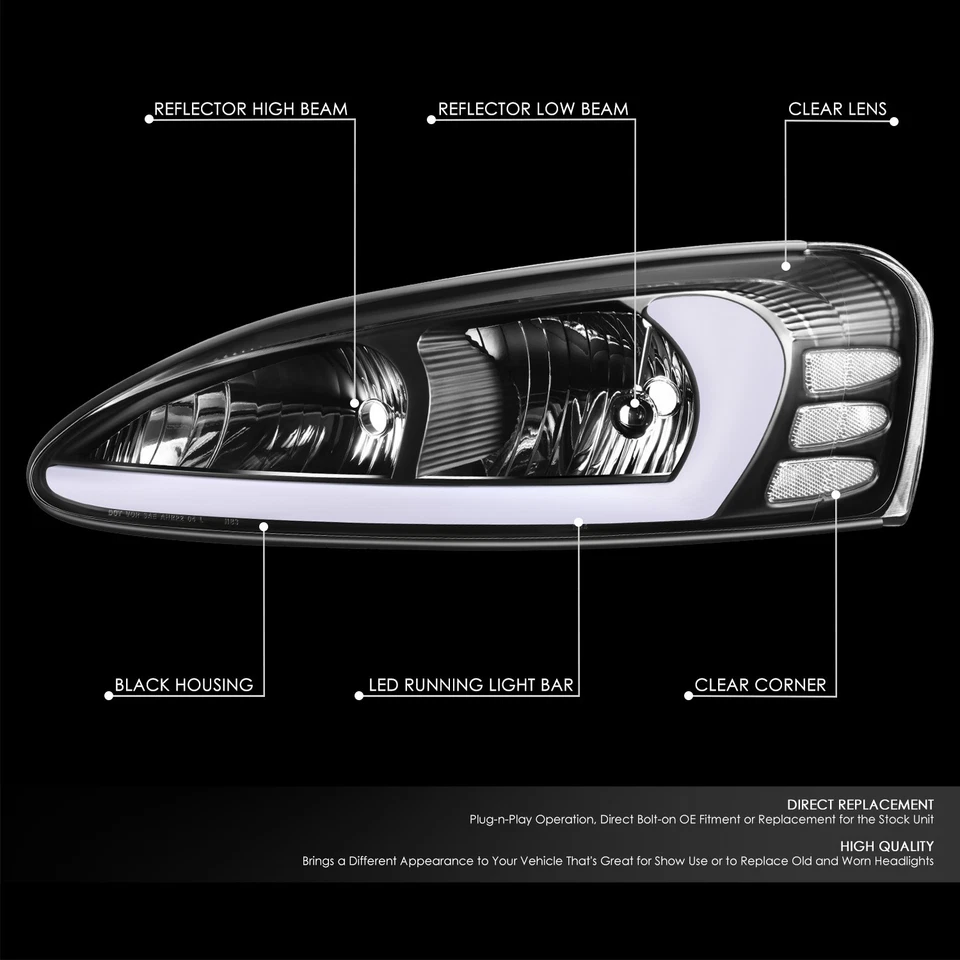 [3D LED DRL] Para 04-08 Pontiac Grand Prix Carcasa Negra Faros Esquineros Transparentes Foto 2 de 4