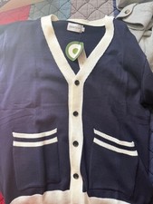 Men  s Navy Blue Cardigan Sweater White Trim Button-Up Classic Large