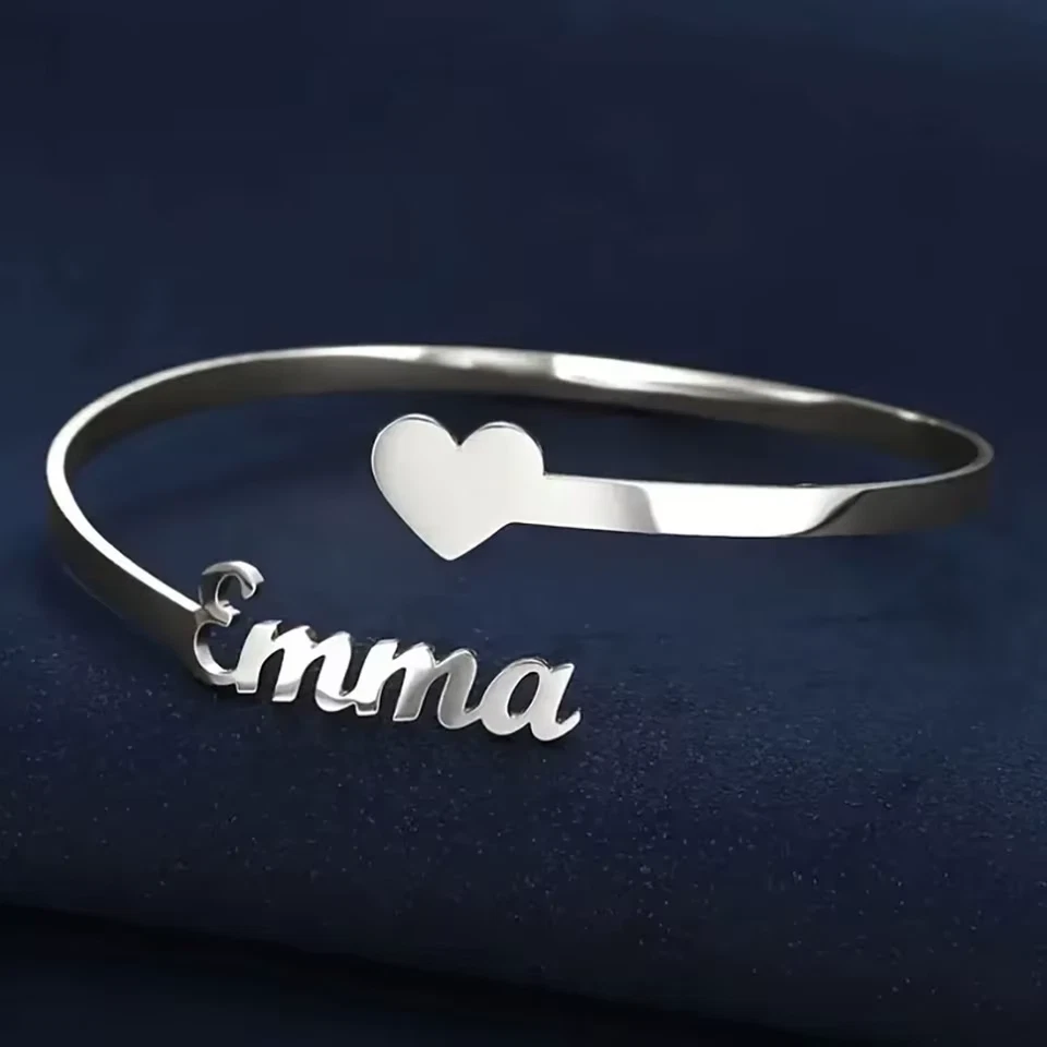 Custom Name Adjustable Cuff Bangle Bracelet Jewelry Heart Women Stainless Steel - Image 2 of 4