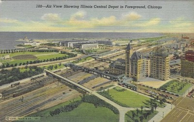 Vintage Illinois Linen Postcard Chicago Air View Central Depot in Foreground