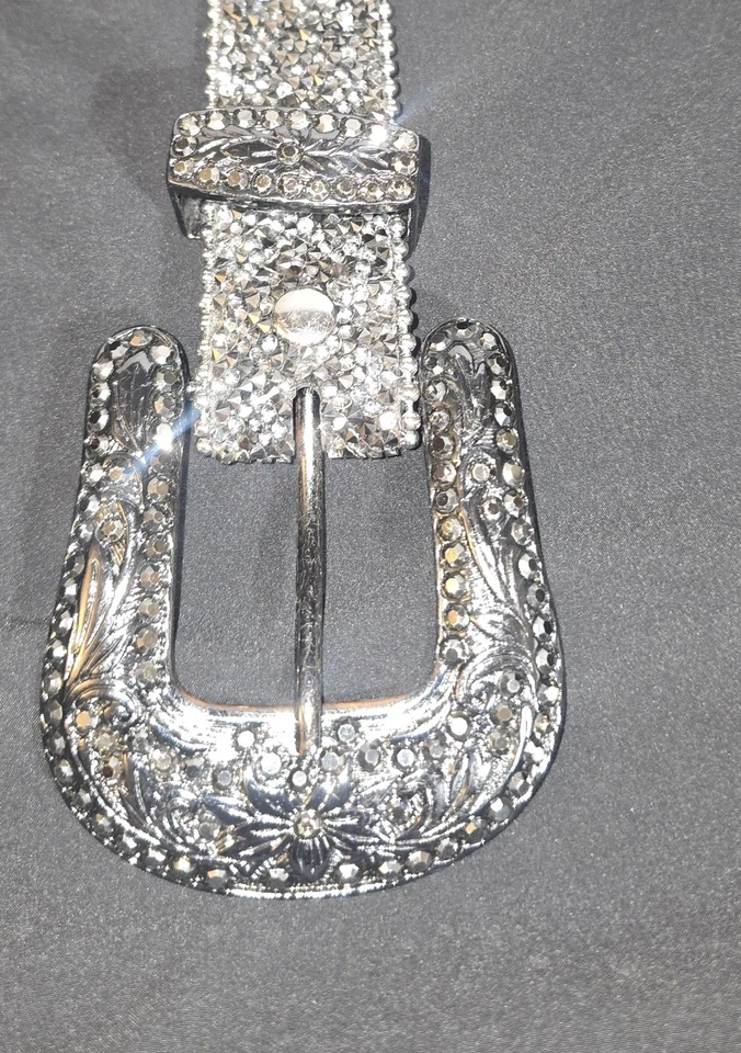 Cinturón y hebilla con cuentas negras y plateadas con estrás de cuero occidental para mujer L/XL * Foto 2 de 4