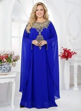 Dubai Kaftan Gown Eid Royal Blue Abaya Georgette SALE Islamic Elegant Moroccan