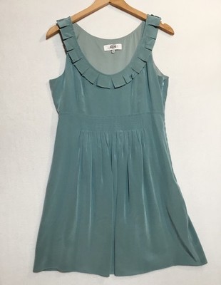 Tibi Lillian 100% Silk Dress Sz 6 Aqua Blue Teal Green Ruffle Sleeveless A-Line