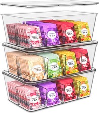 Tea Bag Organizer Set with Lids   3 Pack Stackable Clear Plastic Storage Bins...
