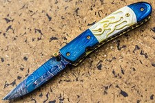 DC Custom Folding Knife Mosaic Damascus by Robert Eggerling Yellow Pearl Carved