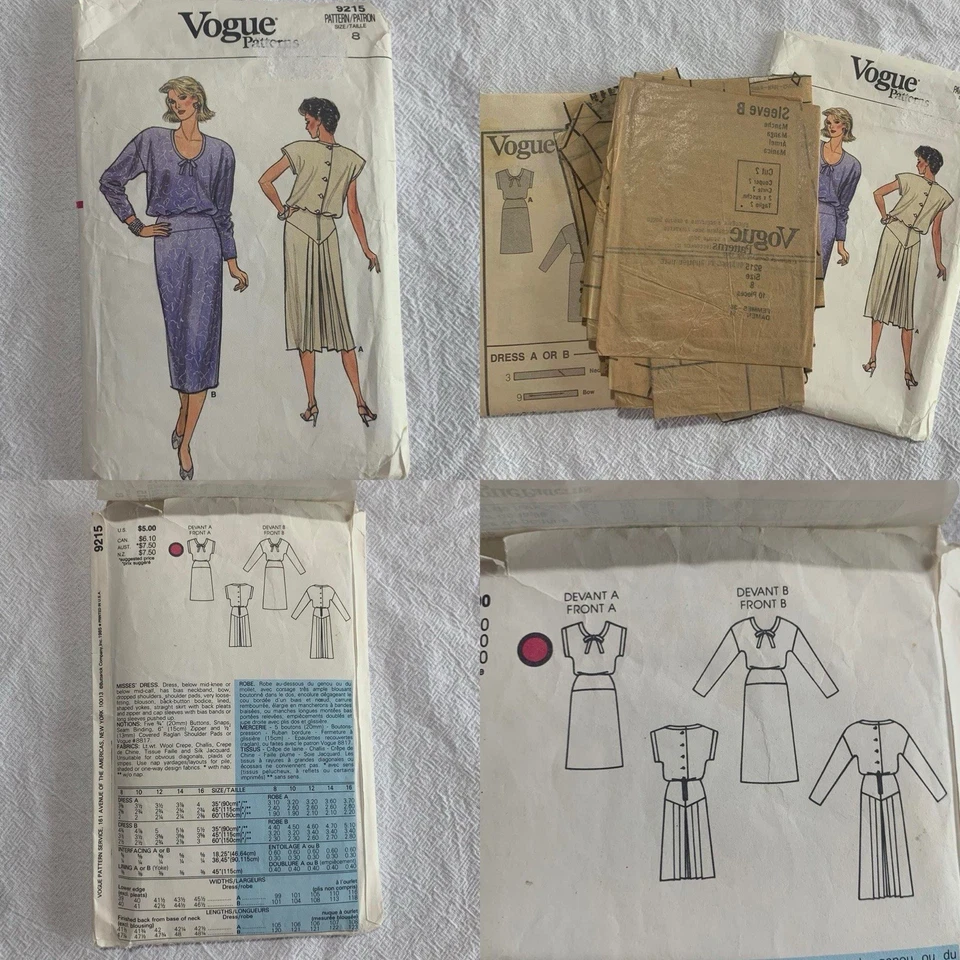 Vintage 80's Vogue 9215 Sewing Pattern Cut Slouch Fit Blouson Dress Dolman - Image 2 of 2