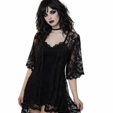 Gothic Black Embroidered Lace Kimono Cardigan Dark Romance Witchy Sheer Overlay