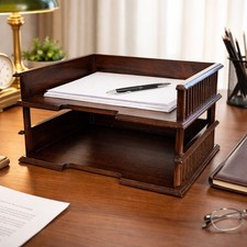 Vintage Dark Wood Letter File Desk Organizer 2-Tier Document Mail  Paper Tray