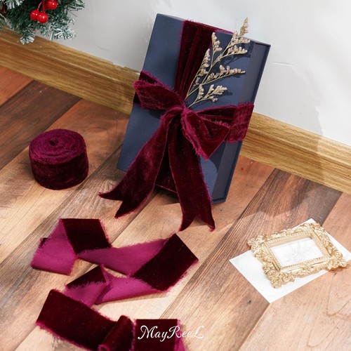 Burgundy Velvet Ribbon Hand Torn Maroon Frayed Edge for Bouquets 2"×3 Yards - Picture 4 of 9