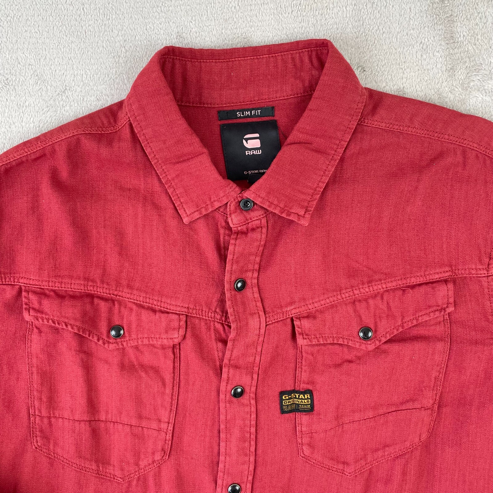 GStar Raw Arc Slim Shirt Men 2XL Red Denim Slim Fit Pearl Snap Long