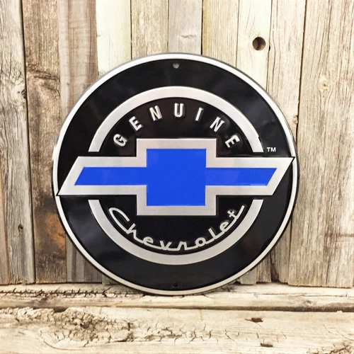 Chevrolet Chevy Black Blue Logo Metal Tin Round Sign 12" Garage Vintage New