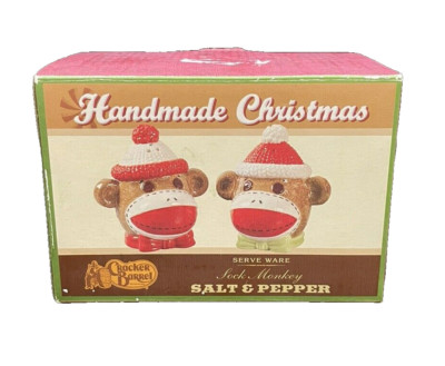 Cracker Barrel Serve Ware Christmas Sock Monkey Salt & Pepper Shakers - NIB