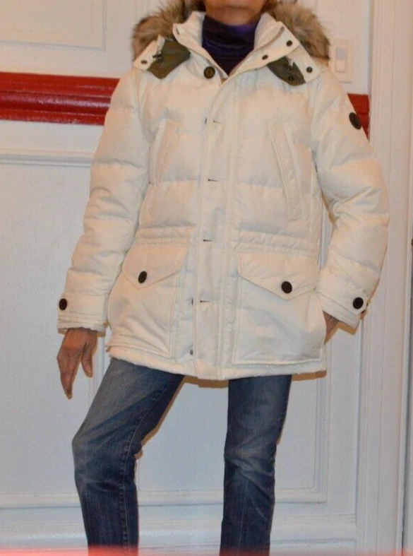 OFF WHITE POLO RALPH LAUREN Off White cappotto trapuntato con zip e cappuccio pelliccia cosce X LG SC539