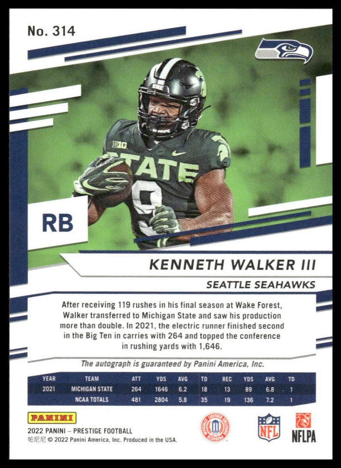 2022 Panini Prestige #314 Kenneth Walker III Xtra Points Signatures Premium - Image 2 of 2
