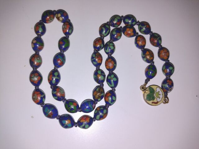 Vtg HAND KNOTTED Purple Green Orange CHINESE CLOISONNE Floral Bead Necklace 20