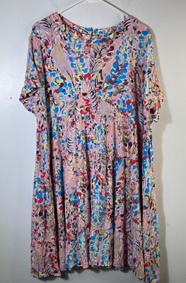 Womens Ott Tiered Ruffle Short Sleeve Floral Dress Pink Tan Blue 2X NWT Rayon